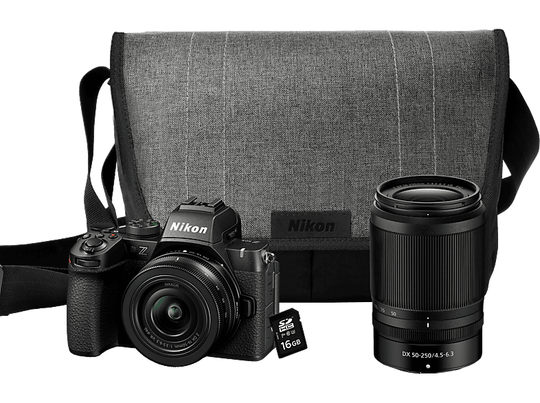 NIKON Z50II Body + NIKKOR Z DX 16-50mm f/3.5-6.3 VR 50-250mm f/4.5-6.3 Tasche 16 GB Speicherkarte Systemkamera mit Objektiv - 50 mm / 250 mm, 8 cm Display Touchscreen, WLAN