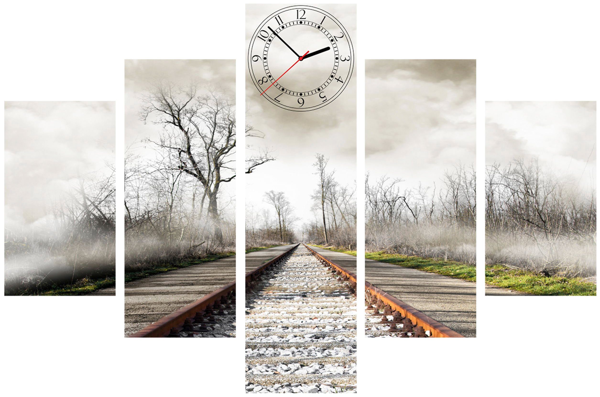 Conni Oberkircher´s Bild »Stormy Rails - Gleise im Nebel«, Eisenbahn, (Set, (Set 5), mit dekorativer Uhr, Landschaft, Zug, Herbst