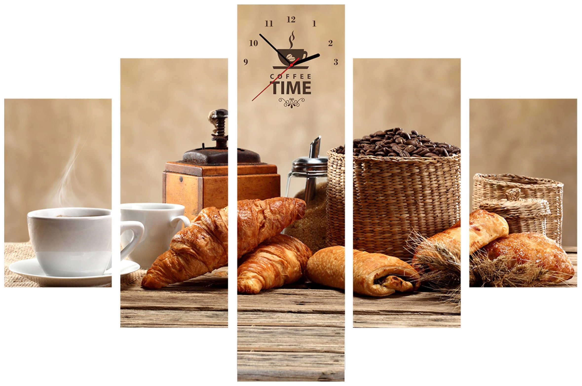 Conni Oberkircher´s Bild »Fresh Coffe - Frischer Kaffee«, Kaffee, (Set, (Set 5), mit dekorativer Uhr, Kaffebohnen, Croissants, Frühstück, Küche