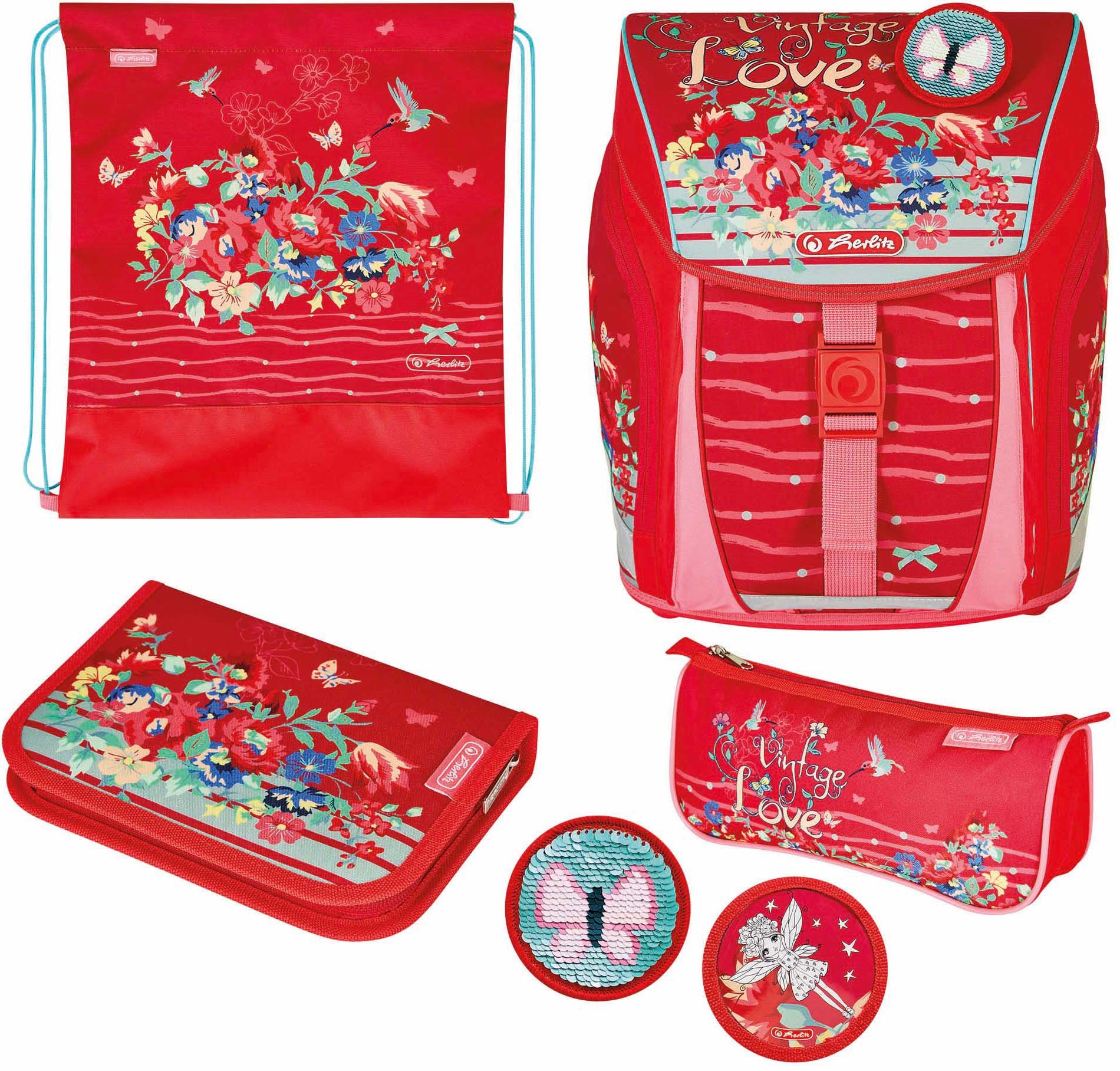 Herlitz Schulranzen »FiloLight Plus, Vintage Love«, Floureszierende Flächen-reflektierende Streifen auf den Schultergurten-Reflektoren, mit Sportbeutel, Etui, Faulenzer und Sportbeutel