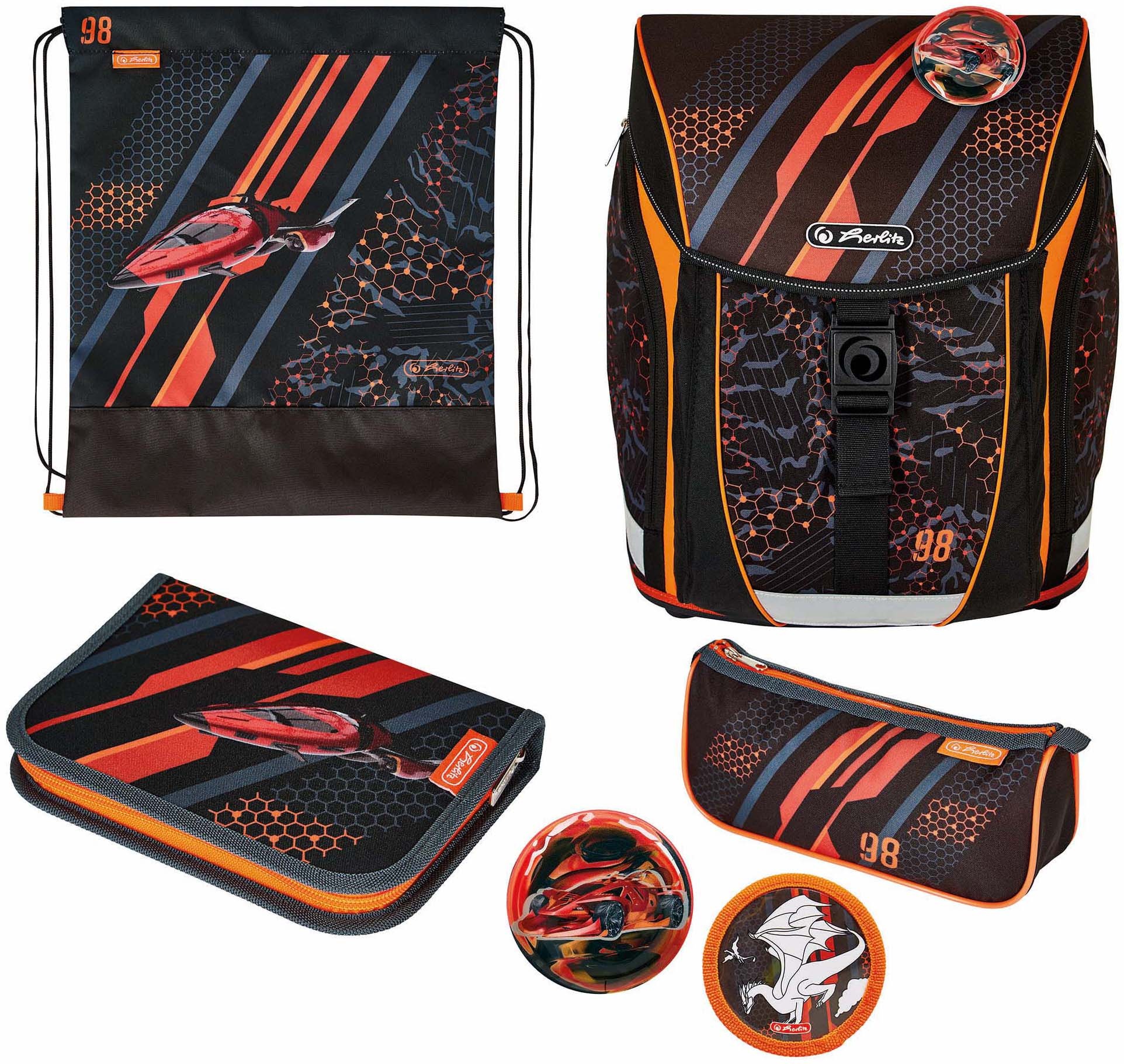 Herlitz Schulranzen »FiloLight Plus, Speed«, Floureszierende Flächen-reflektierende Streifen auf den Schultergurten-Reflektoren, mit Sportbeutel, Etui, Faulenzer und Sportbeutel