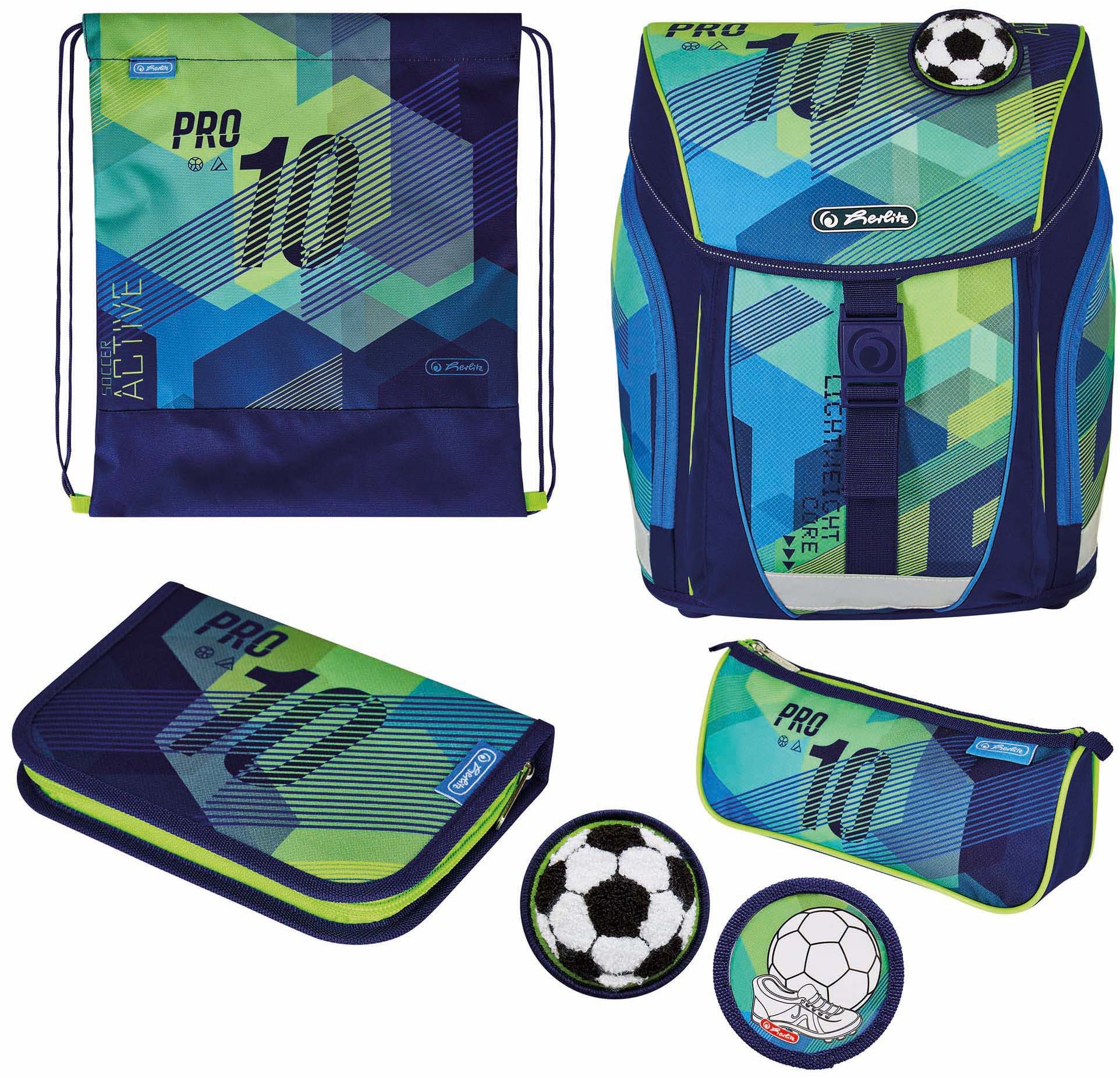 Herlitz Schulranzen »FiloLight Plus, Green Goal«, Floureszierende Flächen-reflektierende Streifen auf den Schultergurten-Reflektoren, mit Sportbeutel, Etui, Faulenzer und Sportbeutel