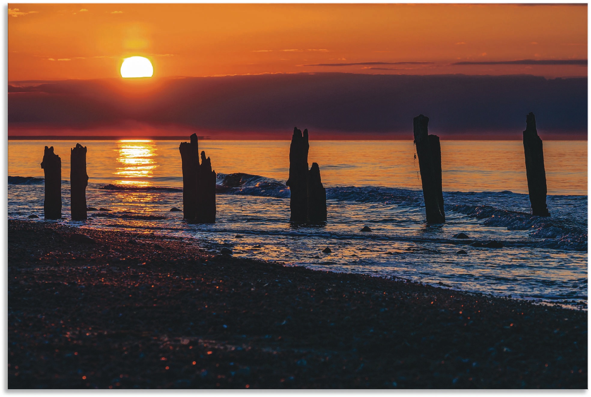 Artland Wandbild »Buhnen an der Ostsee bei Kühlungsborn II«, Bilder vom Sonnenuntergang & -aufgang (1Stück), in vielen Grössen & Produktarten - Alubild/Outdoorbild, Leinwandbild, Poster, Wandaufkleber/Wandtattoo auch für Badezimmer geeignet