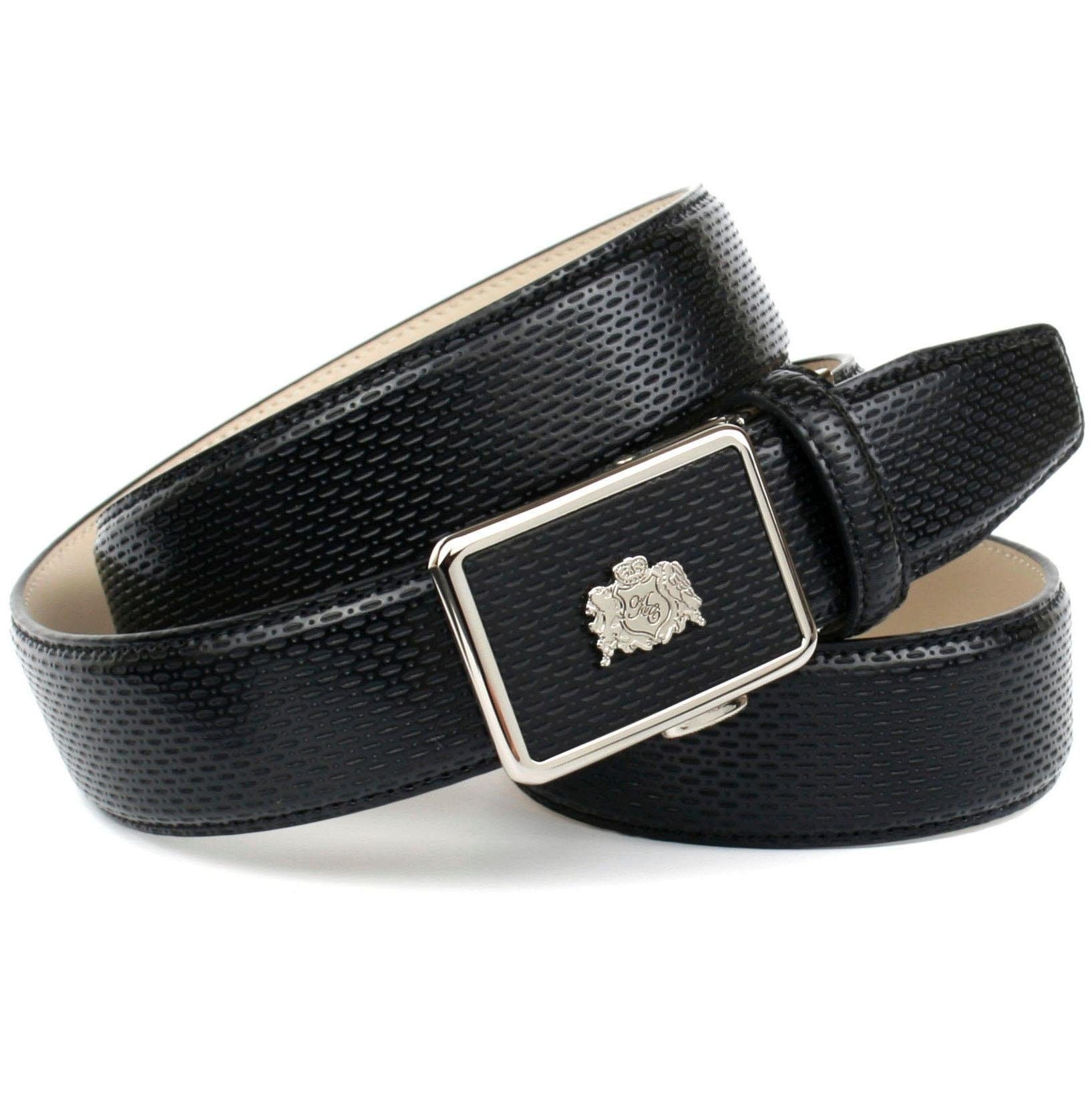 Anthoni Crown Ledergürtel, für schwarze Schuhe mit perforiertem Leder, mit kleinem Wappen