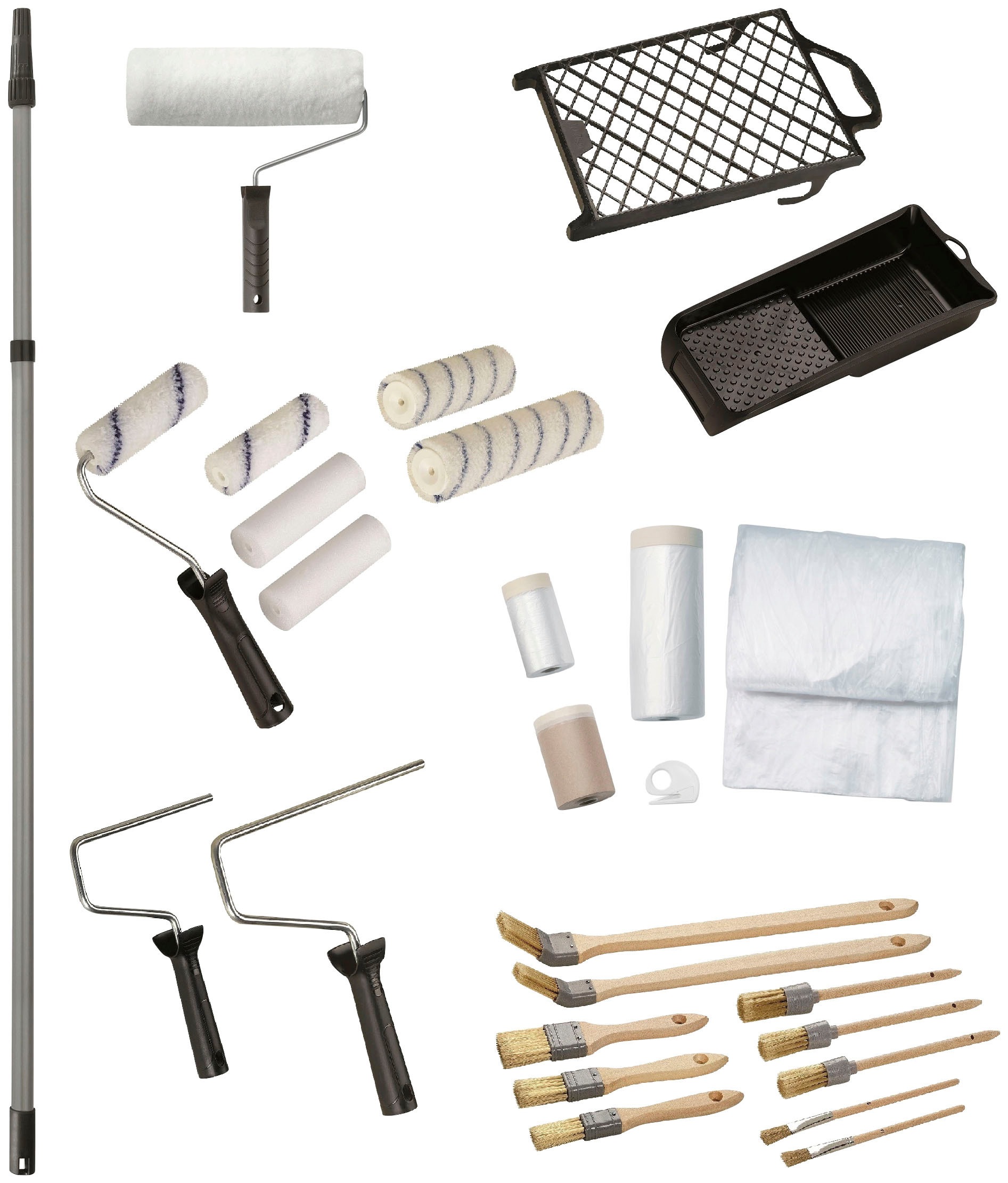 Bodenmeister Malerset »Renovieren komplett«, (Set, 28 tlg., Farbroller,Teleskopstange,Pinselset,Malerrollen,Farbschale,Abdeckplane), Renovierungsset für Decken- und Wandfarbe im Innenbereich