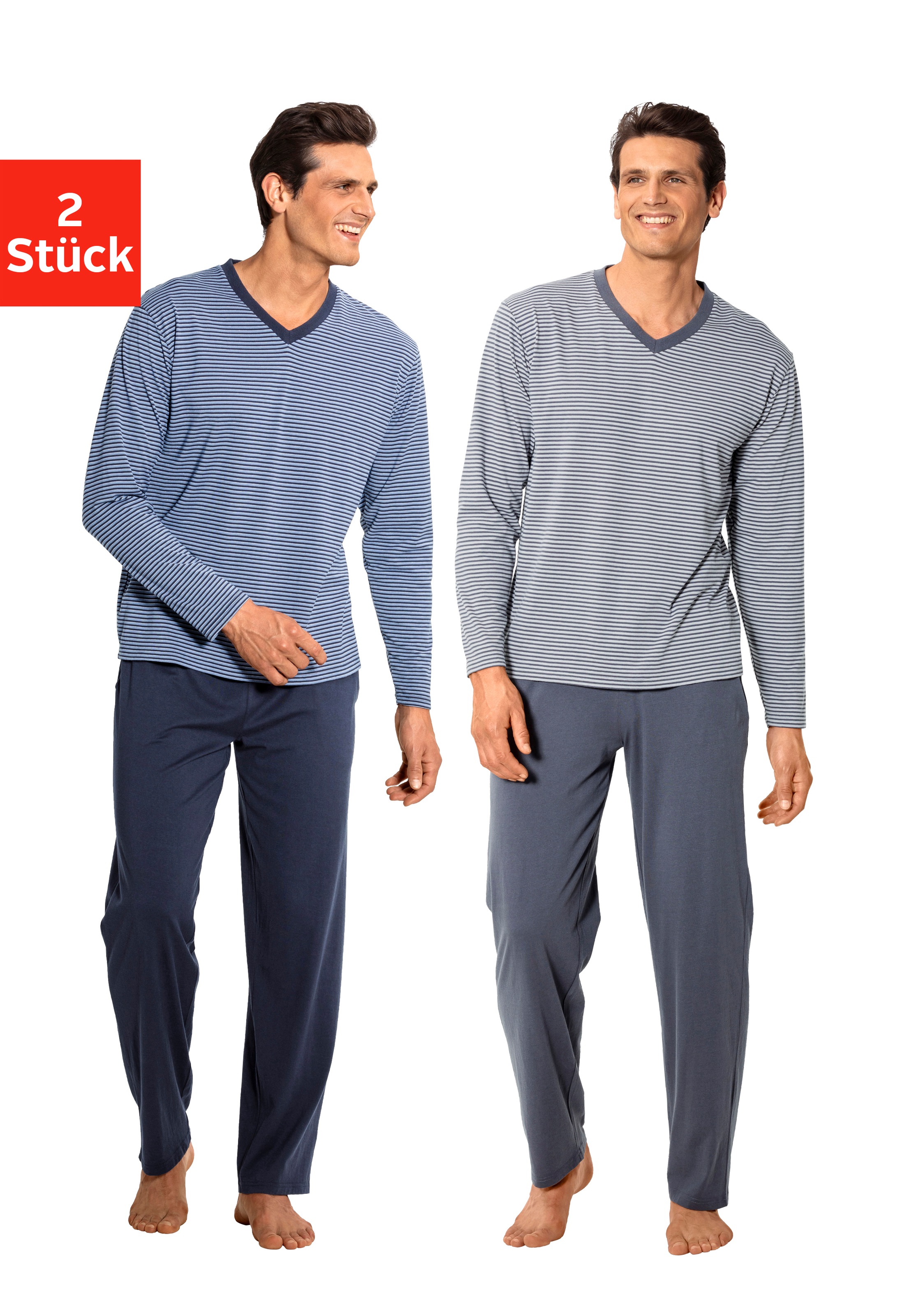 le jogger® Pyjama, (Packung, 4 tlg., 2 Stück), mit garngefärbten Streifen