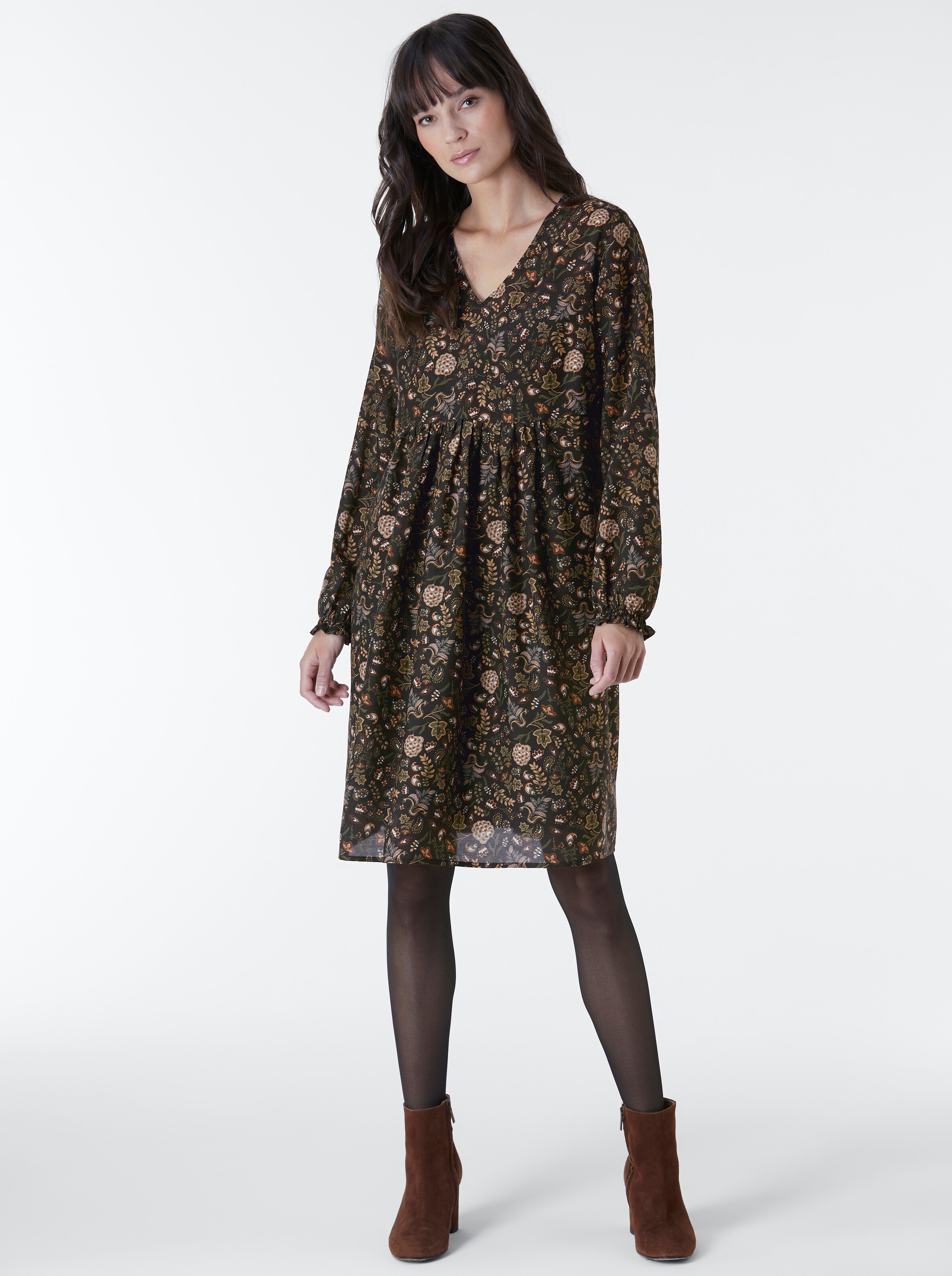 Viskose-Seiden-Kleid in schwarz-ocker-bedruckt von Creation L Premium