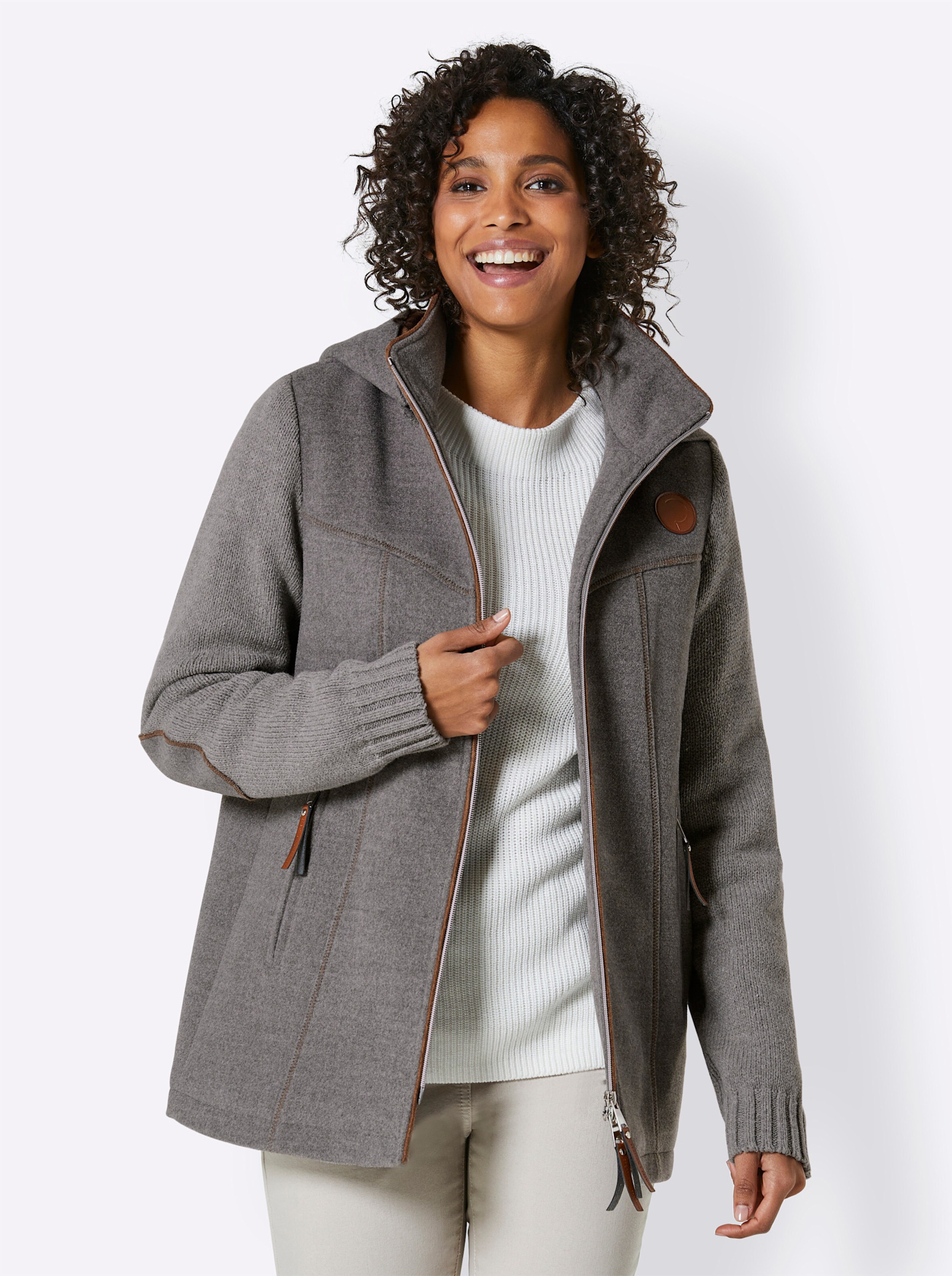 Wollmix-Jacke in grau-cognac von Mainpol