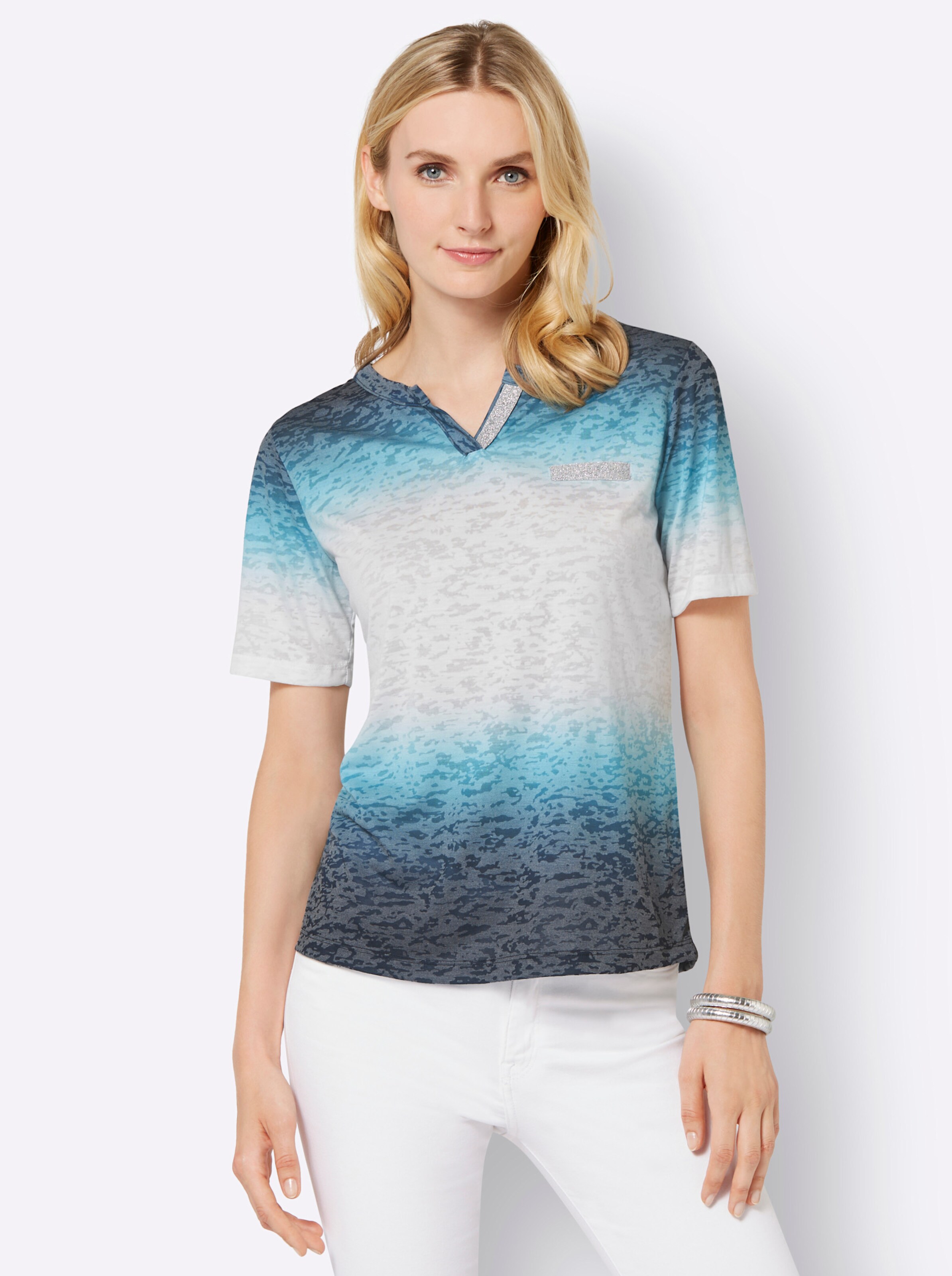 Kurzarmshirt in dunkelblau-weiss-bedruckt von heine