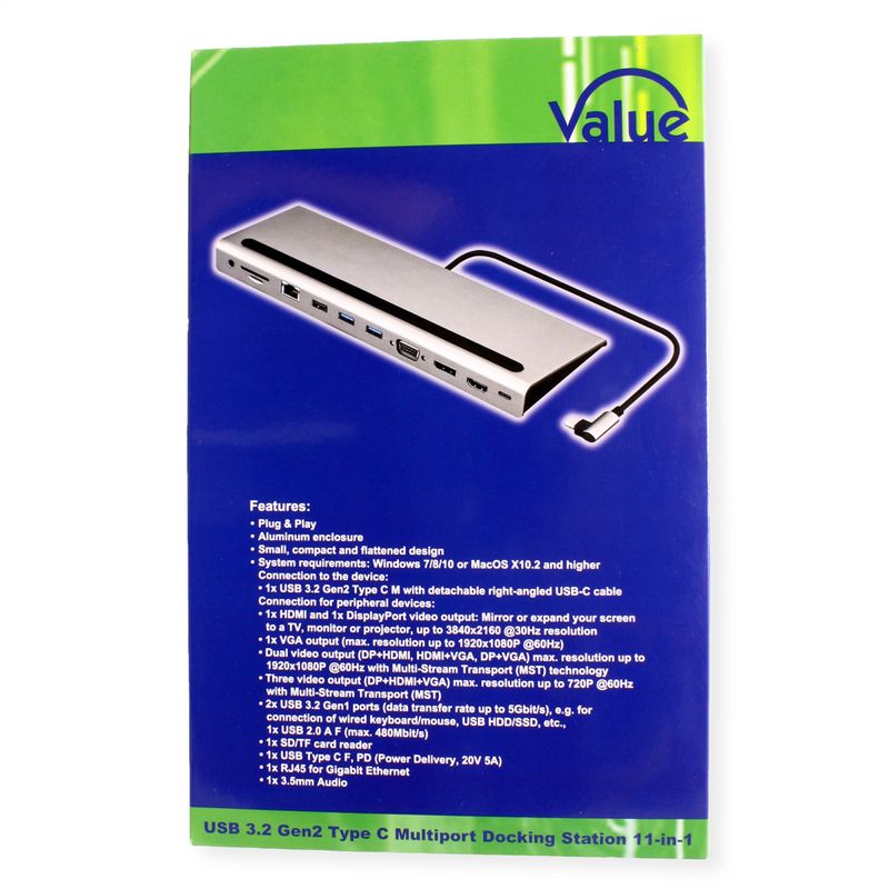 VALUE USB 3.2 Gen 2 Typ C Multiport Docking Station, 4K HDMI/DP, VGA, USB, Card