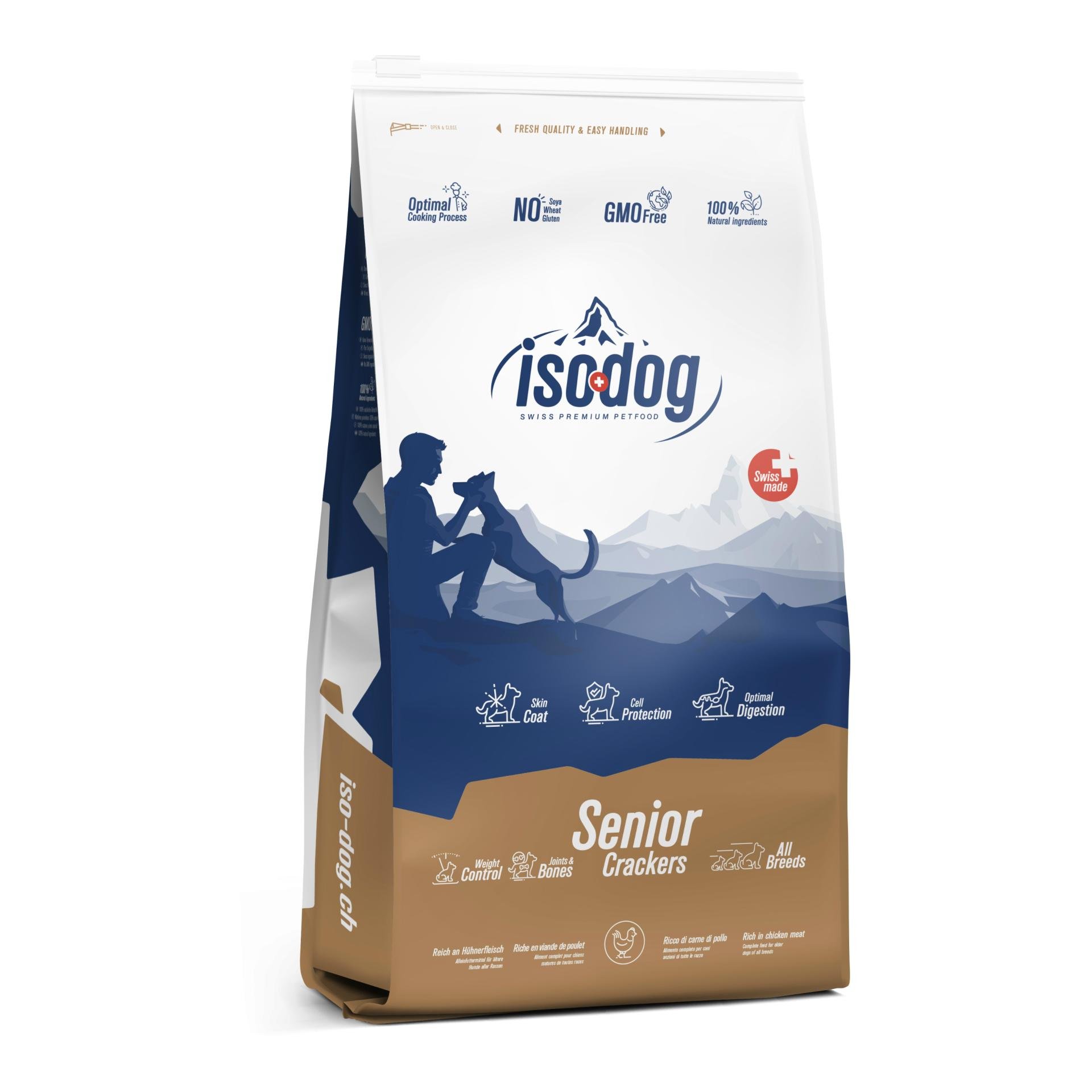 Iso-Dog Senior Crackers Trockenfutter aus der Schweiz - Braun/Blau/Weiss -