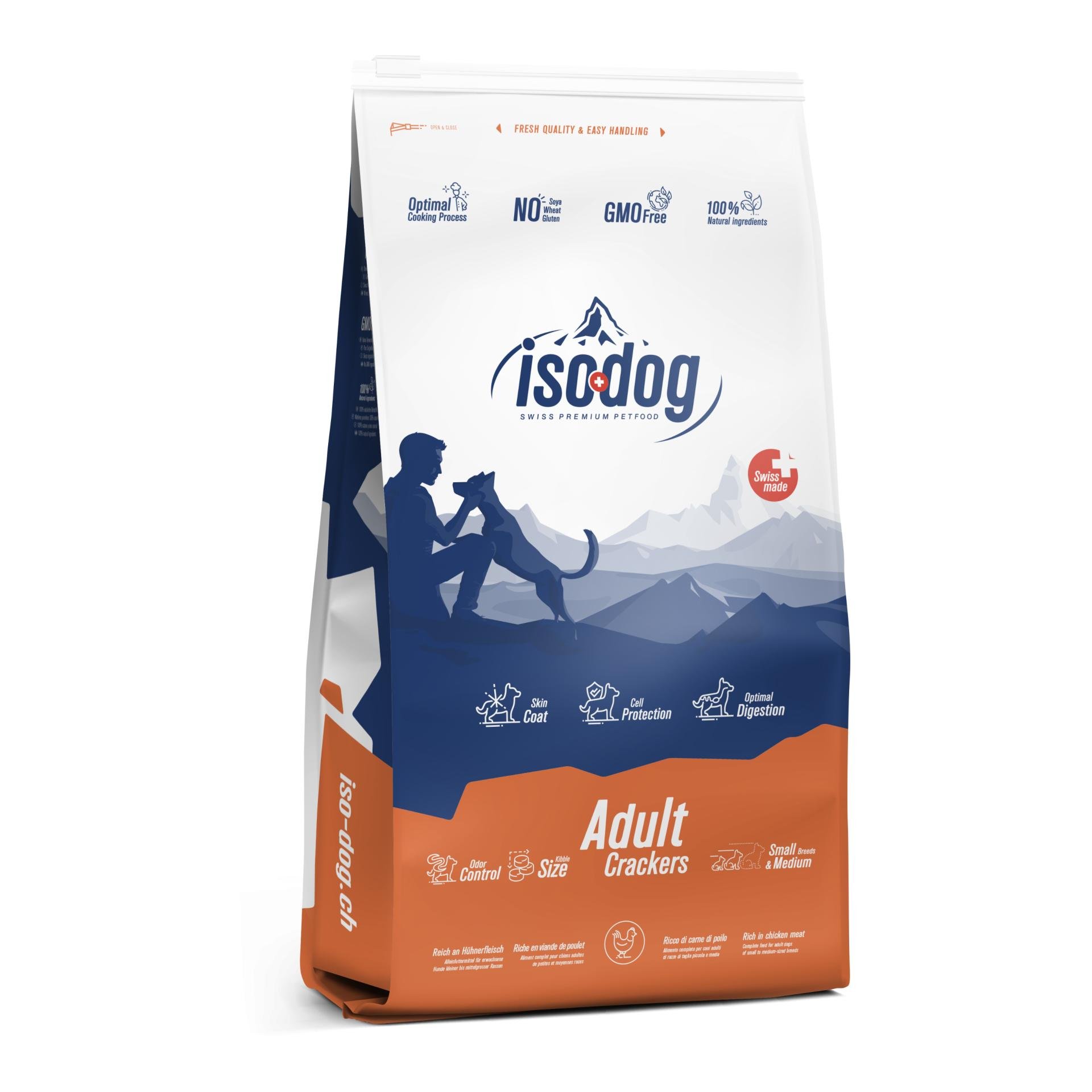 Iso-Dog Adult Crackers Small&Medium Breeds Trockenfutter aus der Schweiz - Braun/Blau/Weiss -