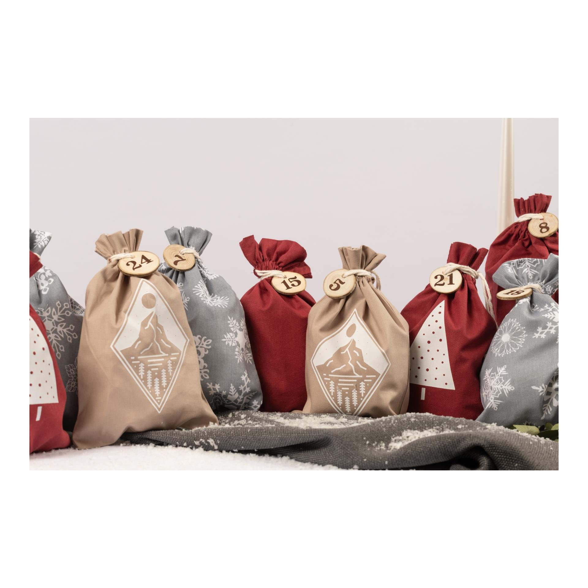 Hauptner X-Mas 2er-Set Adventskalender Beutel Your Christmas mit Holzzahlen - Rot/Grau/Beige -