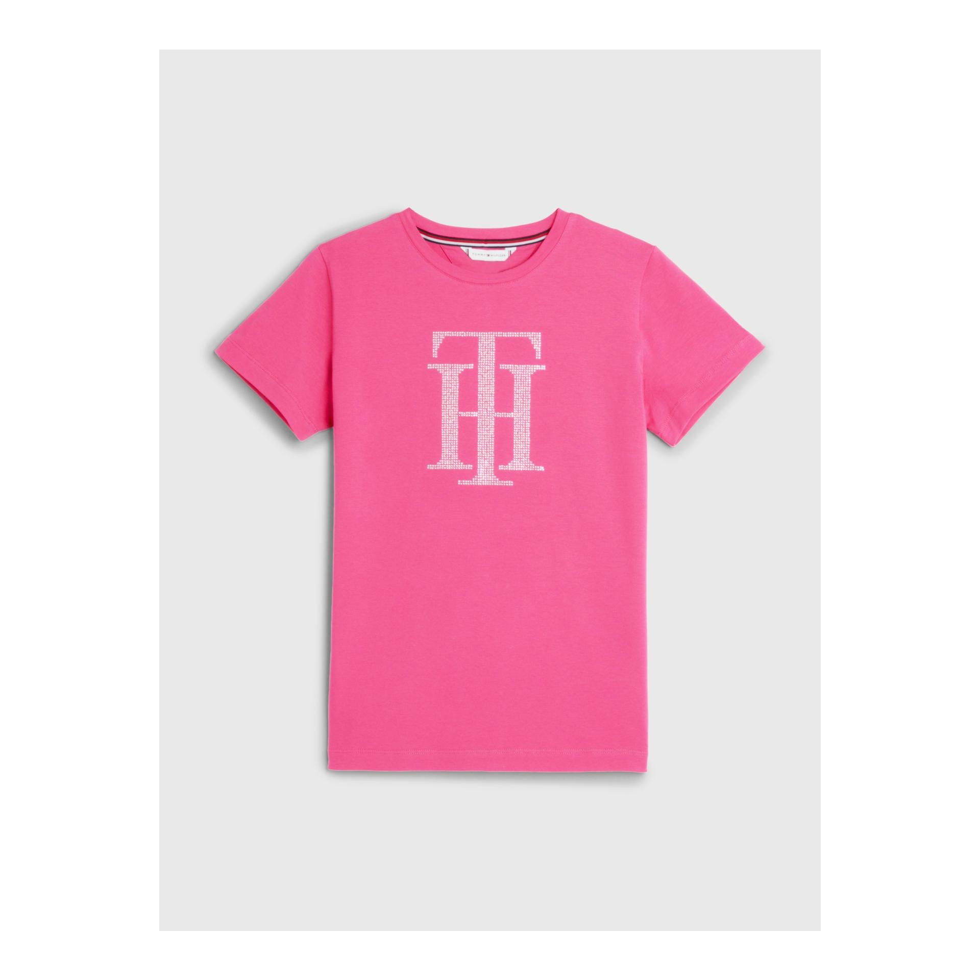 Tommy Hilfiger Equestrian T-Shirt TH Strass Damen - Hot Magenta - Grösse: L, Farbe: Hot Magenta
