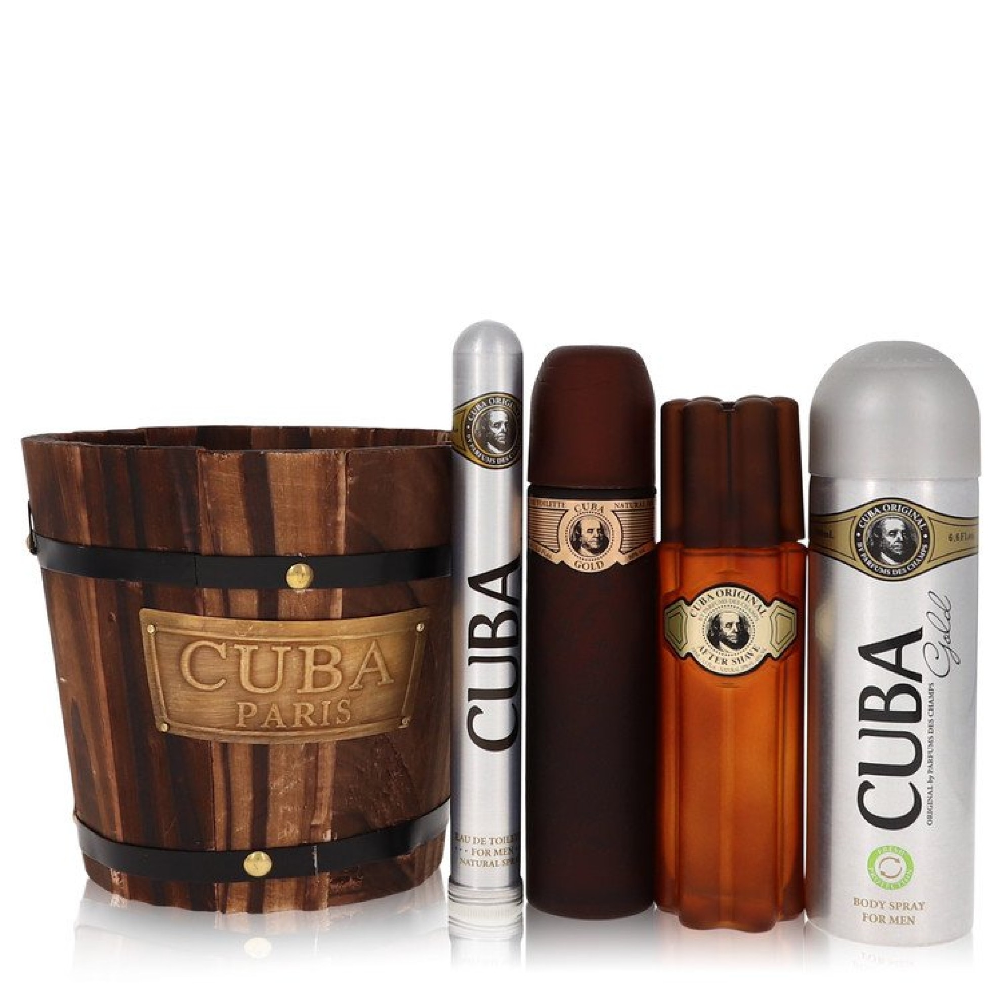 Fragluxe Cuba Gold Gift Set -- 100 ml Eau De Toilette Spray + 34 ml Eau De Toilette Spray + 198 ml Body Spray + 97 ml After Shave