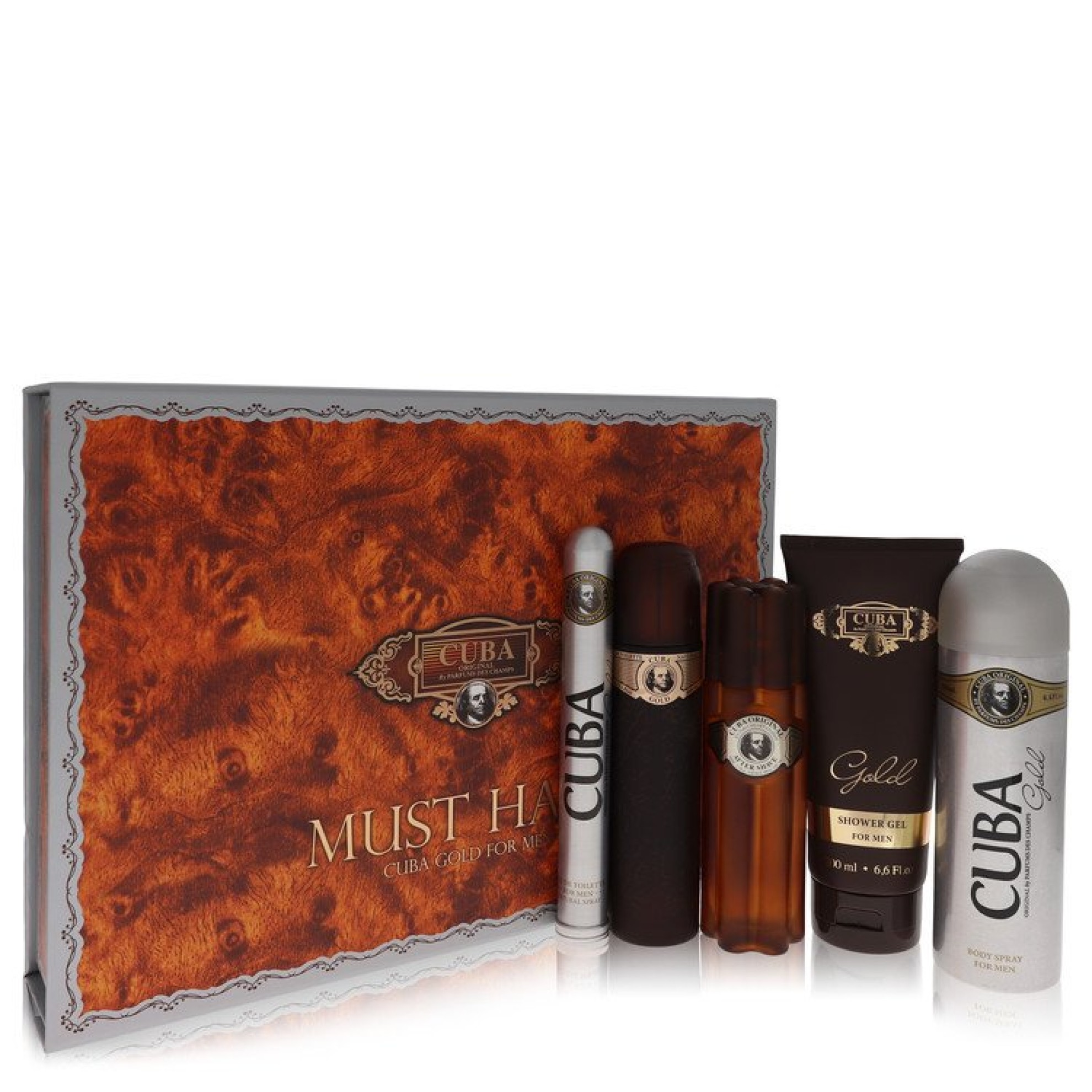 Fragluxe Cuba Gold Gift Set -- 97 ml Eau De Toilette Spray + 97 ml After Shave Spray + 198 ml Body Deodorant Spray + 198 ml Shower Gel +  34 ml EDT Spray