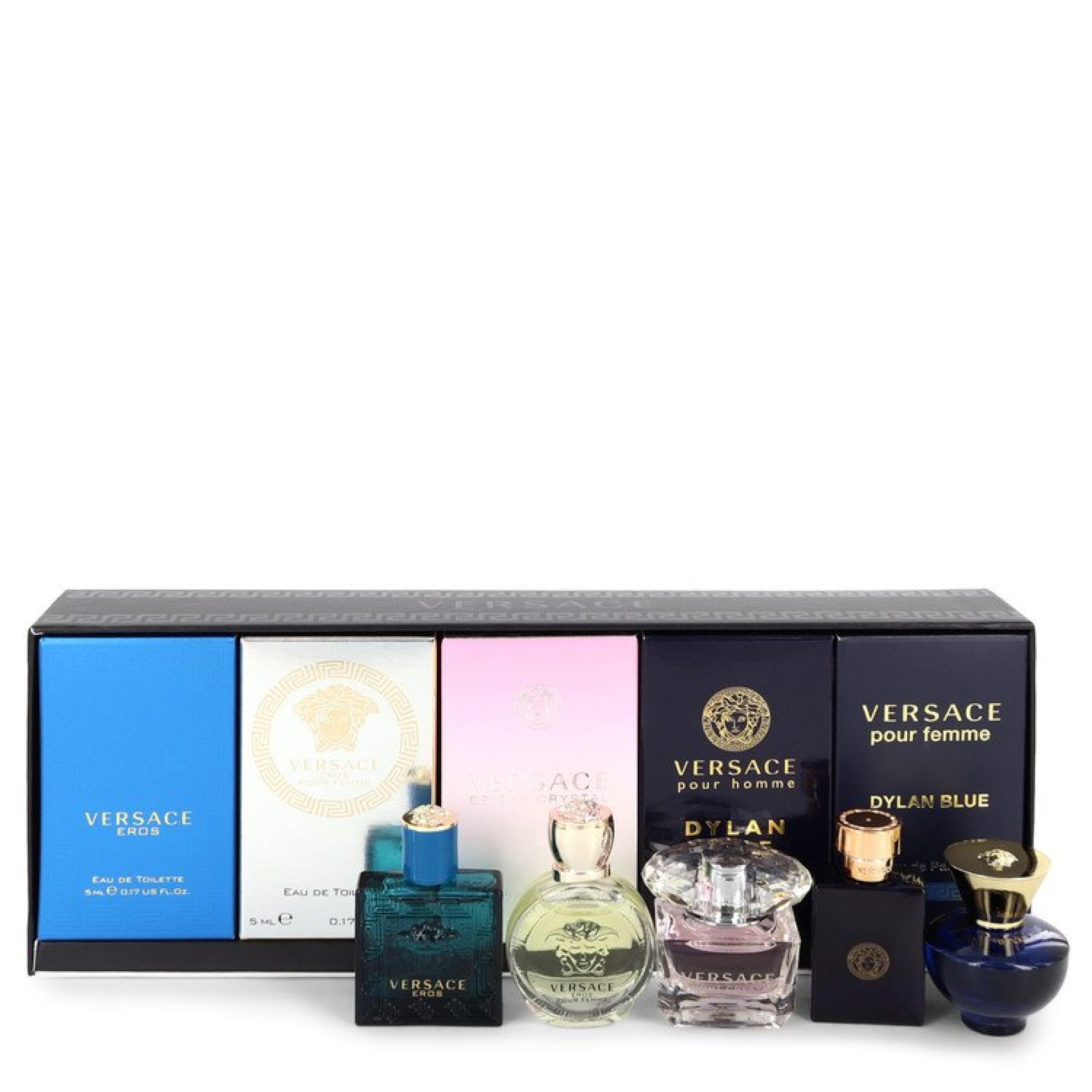 Versace Eros Gift Set -- The Best of  Men's and Women's Miniatures Collection Includes  Eros,  Pour Homme Dylan Blue,  Pour Femme Dylan Blue, Bright Crystal and  Eros Pour Femme